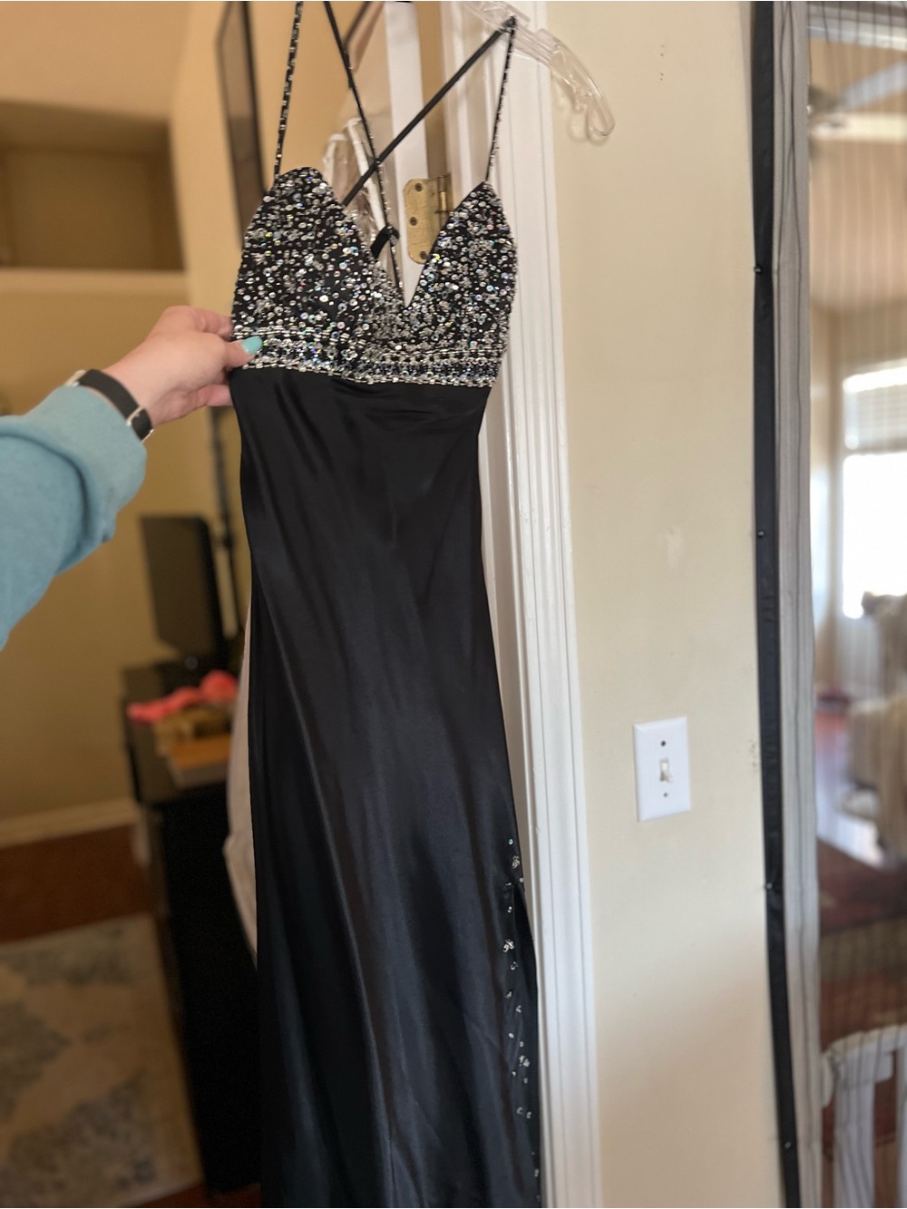 Mori Lee Black Beaded V-Neck Prom Dress